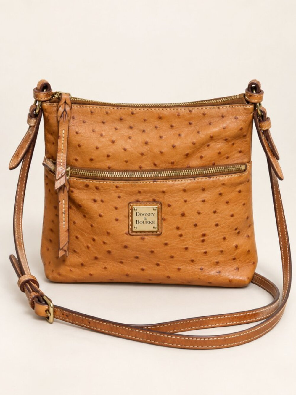 Dooney & Bourke Caramel Ostrich-Embossed Leather Letter Carrier Crossbody